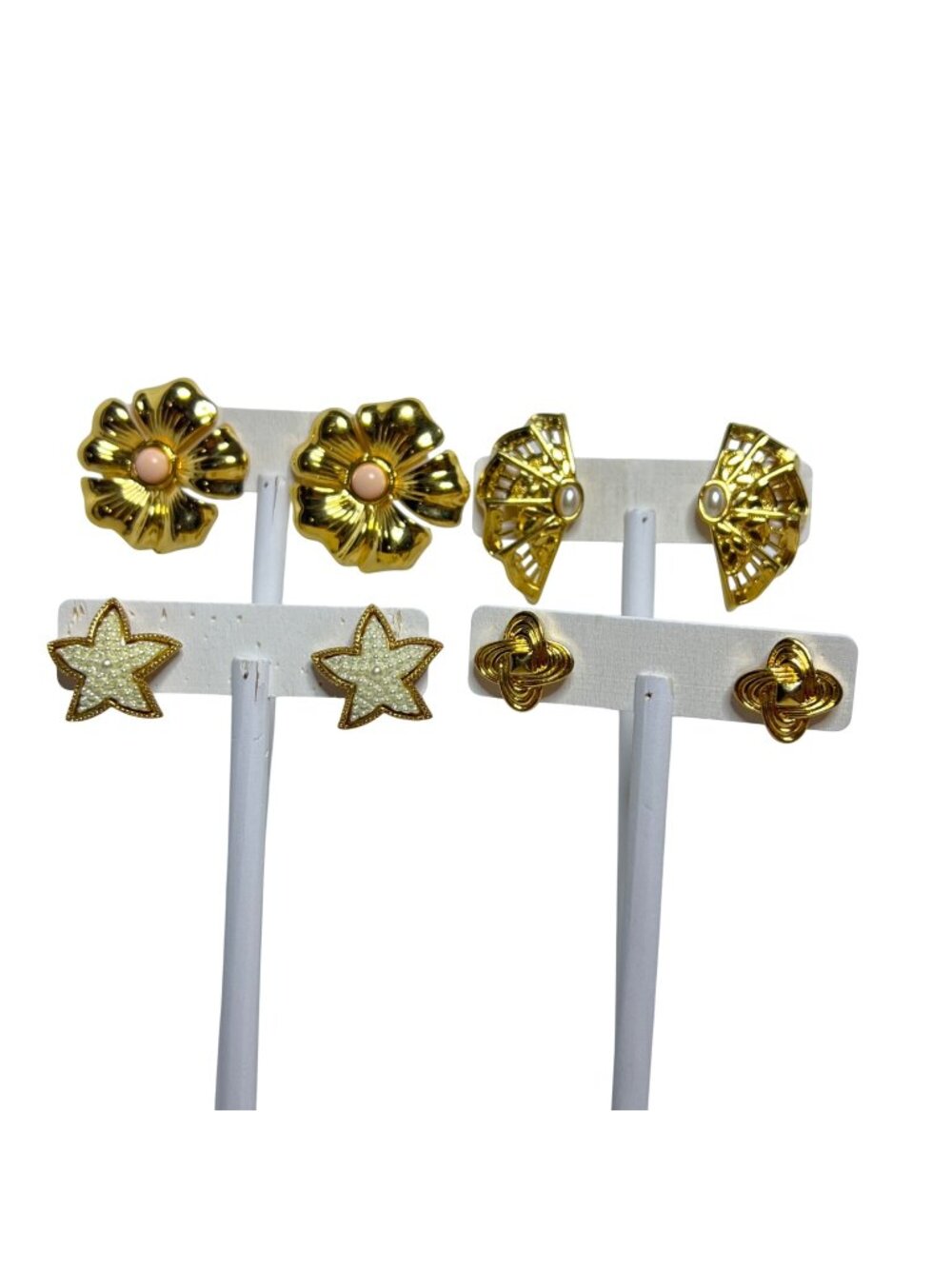 Lot Of 4 Gold Tone Clip On Earrings W/ Floral Star And Geometric Designs (6483)